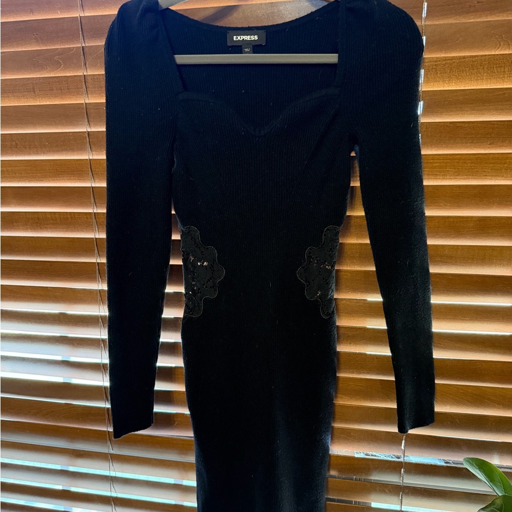 Express Long Sleeve Black Dress with Lace Accents